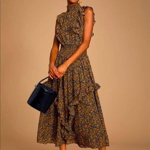 Lulu’s Evalina Mustard Yellow Floral Midi Dress